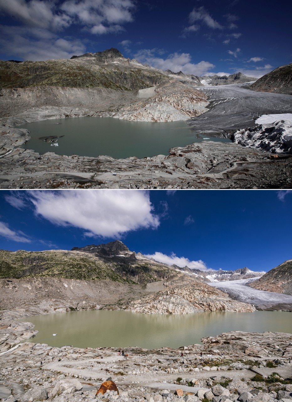 Two images of the same part of a glacier stacked on top of each other. One has more visible ice than the other.