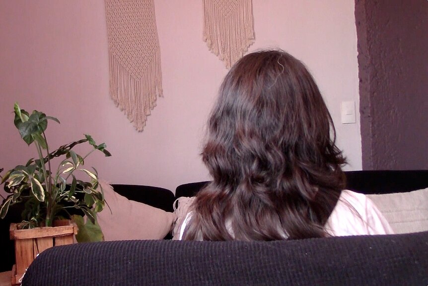 The back of a woman's head sitting in a lounge room area.