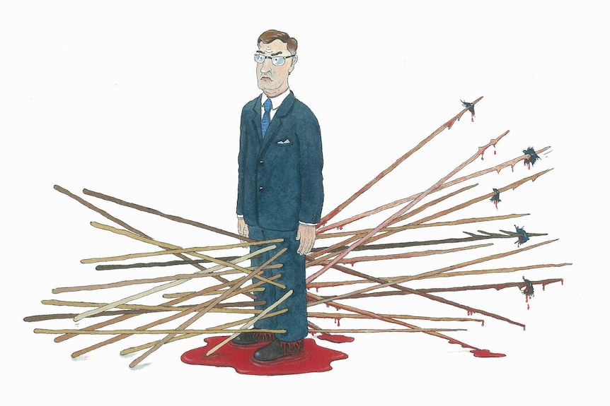 A businessman stands impaled by a dozen spears in a cartoon by Mary Leunig