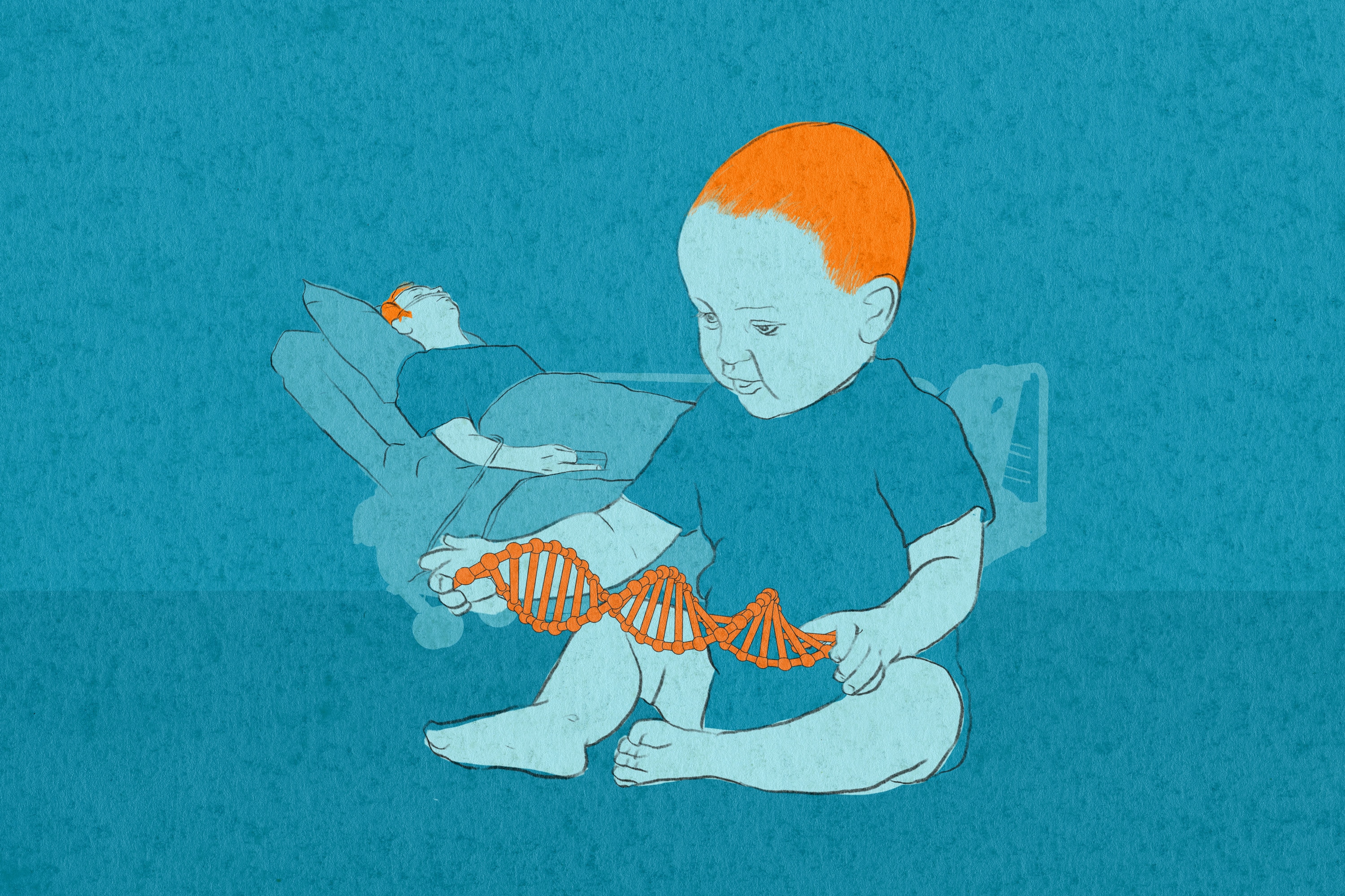 Illustration of a baby holding a strand of DNA with a man on a hospital bed behind and both have orange hair