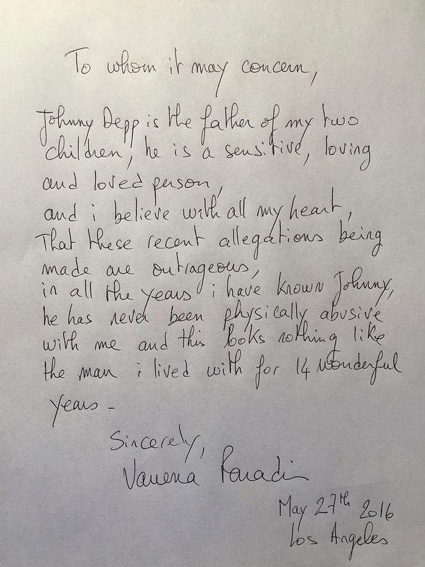A handwritten note allegedly written by Vanessa Paradis in support of Johnny Depp.