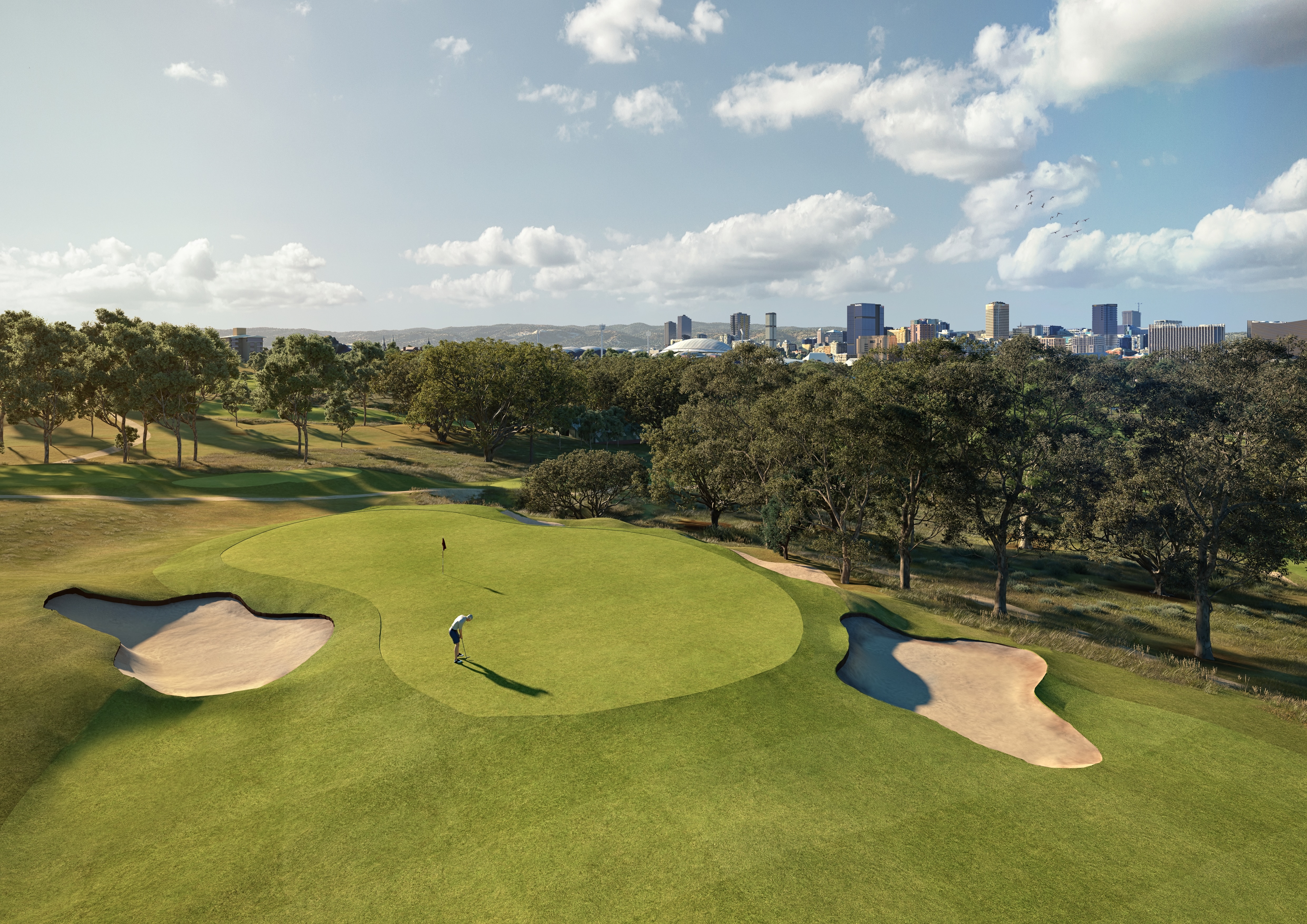 Un diseño conceptual de un campo de golf con gente jugando al golf contra un cielo azul nublado y una ciudad al fondo