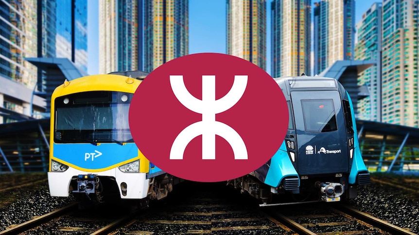 A graphic of Melbourne and Sydney metro trains trailing off in opposite directions with Hong Kong's MTR logo between them.