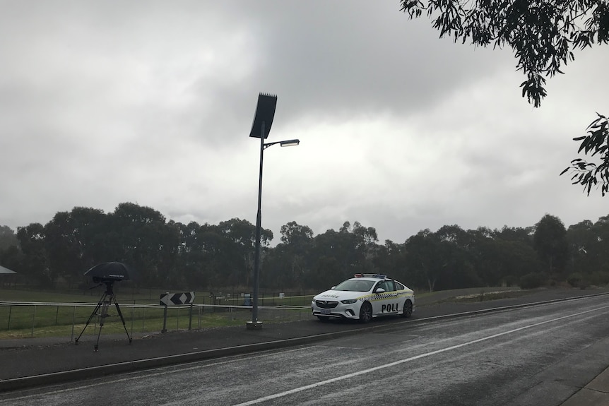 A police car in front of a park.