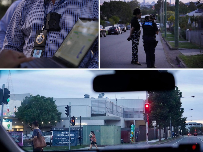 Three photos, one showing a police officer, the second is officers standing in the street and the third photo is a car window