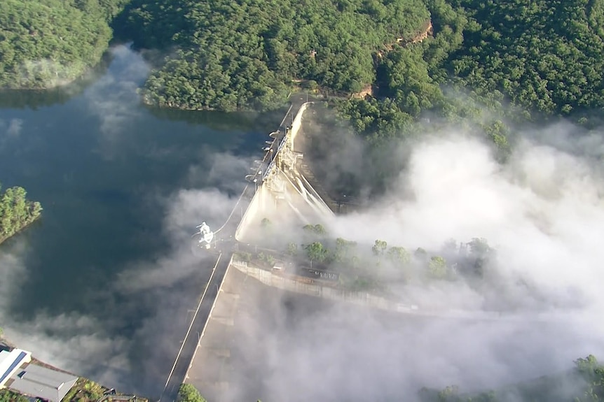 an aerial view of warragamba dam after it spilled on saturday 060424
