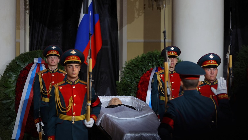 Honour guards stand by the coffin of Mikhail Gorbachev, the last leader of the Soviet Union