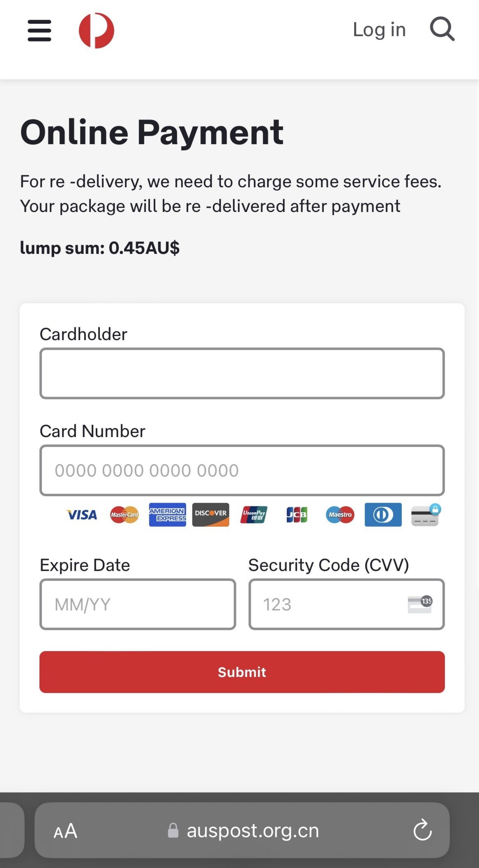 A screenshot of a fake Australia Post website with a form asking for a person's bank card details.