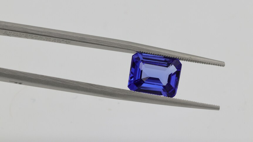 A cut sapphire is held between a pair of tweezers. Close up shot. 