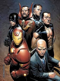 Six superheroes pose together in a comic book.