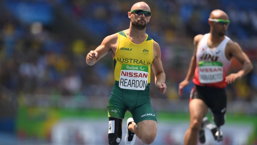 Paralympian Scott Reardon running for gold medal in 100 T42 race in Rio Paralympic Games.