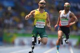 Paralympian Scott Reardon running for gold medal in 100 T42 race in Rio Paralympic Games.