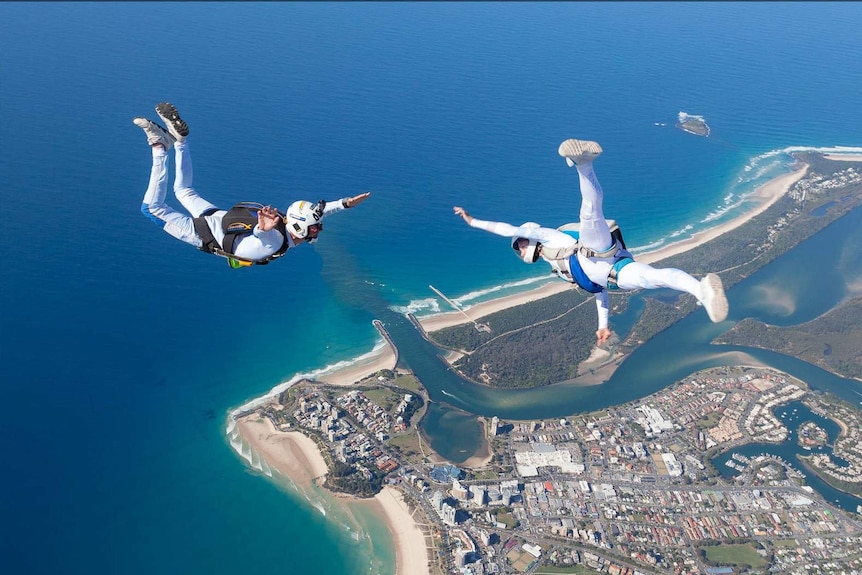 Archie Jamieson and Alana Bertram skydive over the Gold Coast.