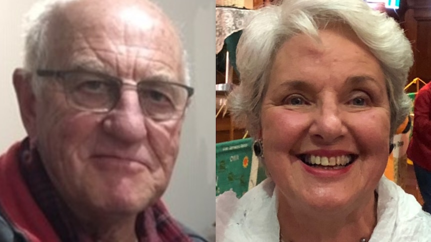 A split image showing an older, bald man on the left and an older, smiling woman on the right.