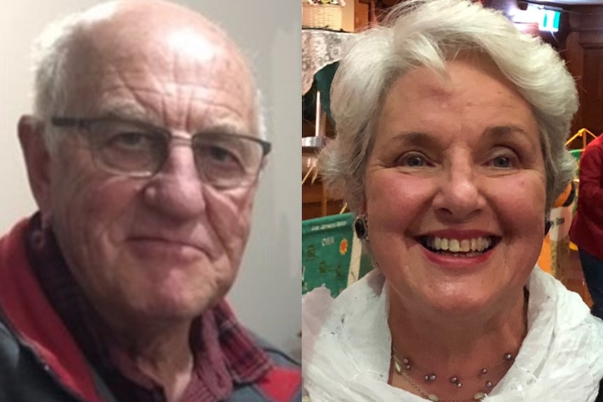 A split image showing an older, bald man on the left and an older, smiling woman on the right.