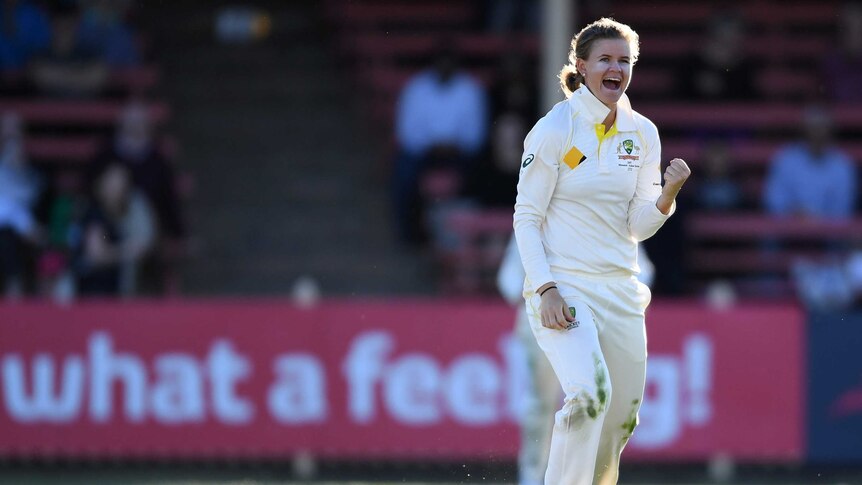 Jess Jonassen celebrates her LBW wicket of England's Heather Knight for 62
