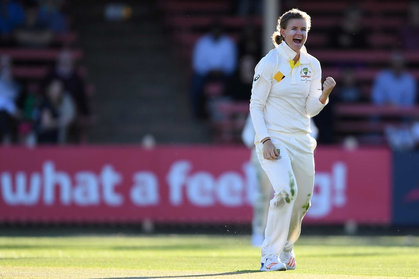 Jess Jonassen celebrates her LBW wicket of England's Heather Knight for 62