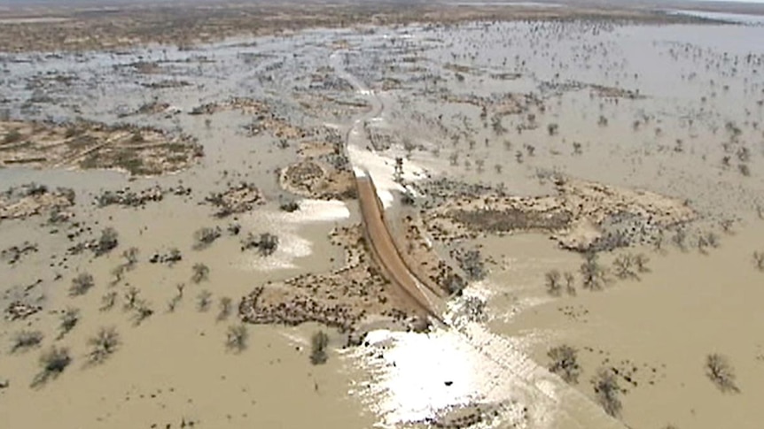 Aerial view of the Cooper Creek flooding across the Birdsville Track