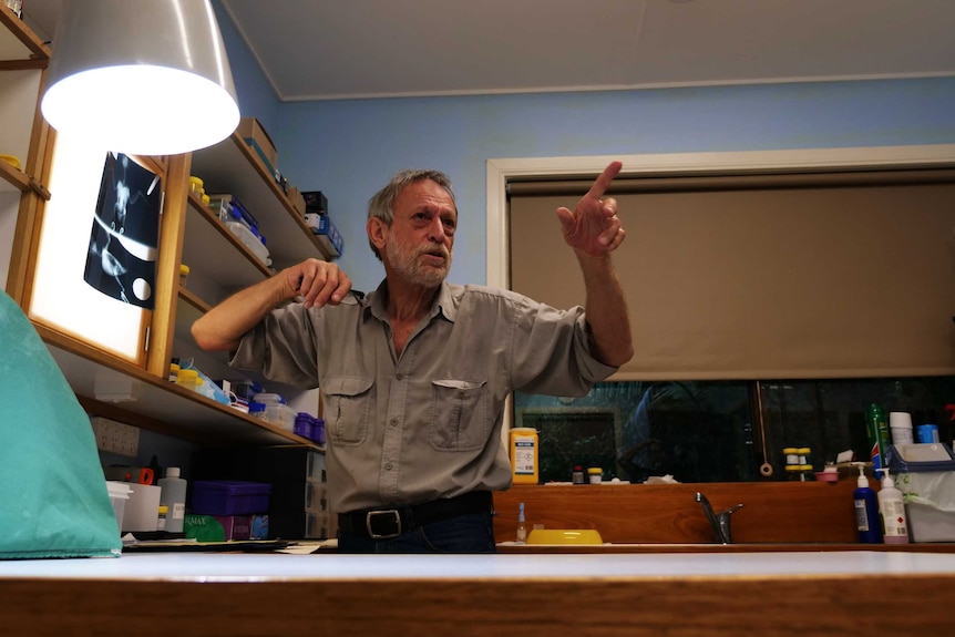 A man talks behind a bench in a vet's consulting room.