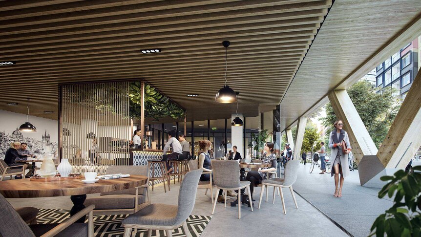Concept art for the retail space in an all-timber office building to be constructed in Brisbane