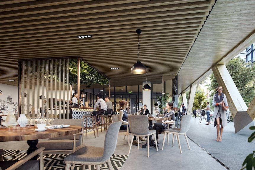 Concept art for the retail space in an all-timber office building to be constructed in Brisbane