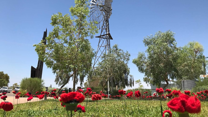Red poppies stand on a lawn with a large windmill in the background.