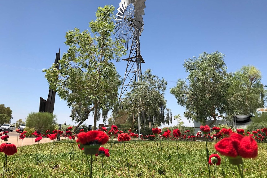 Red poppies stand on a lawn with a large windmill in the background.