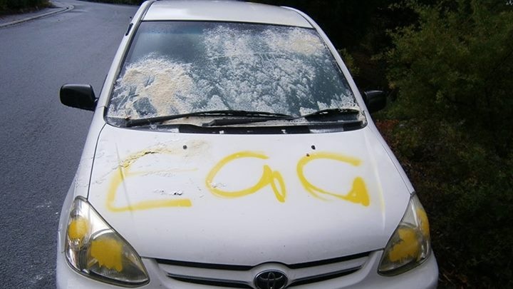 A photo of one of the vandalised cars, released by Tasmania Police