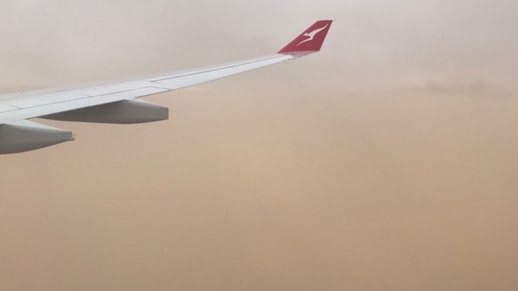 Brown smoke and a Qantas wing