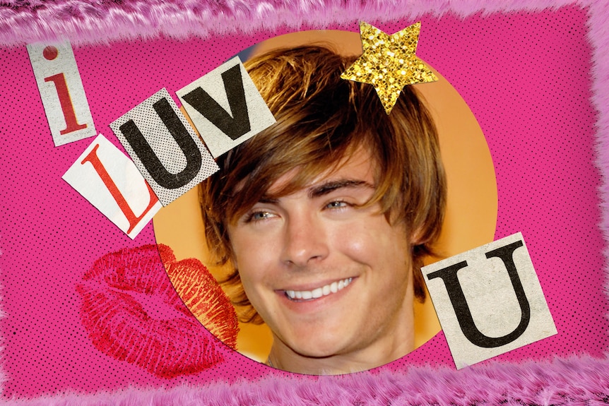 Zac Efron is cut out against a pink background with magazine letters spelling I luv u.