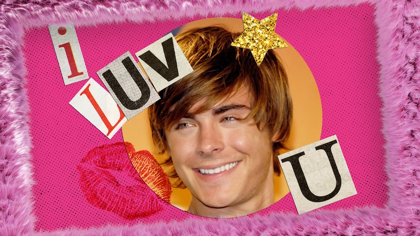 Zac Efron is cut out against a pink background with magazine letters spelling I luv u.