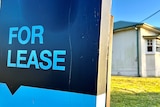 A blue 'for lease' sign outside of a house.