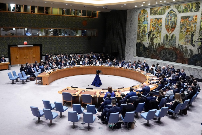 Members of the United Nations Security Council gathered at a meeting room at UN headquarters. 