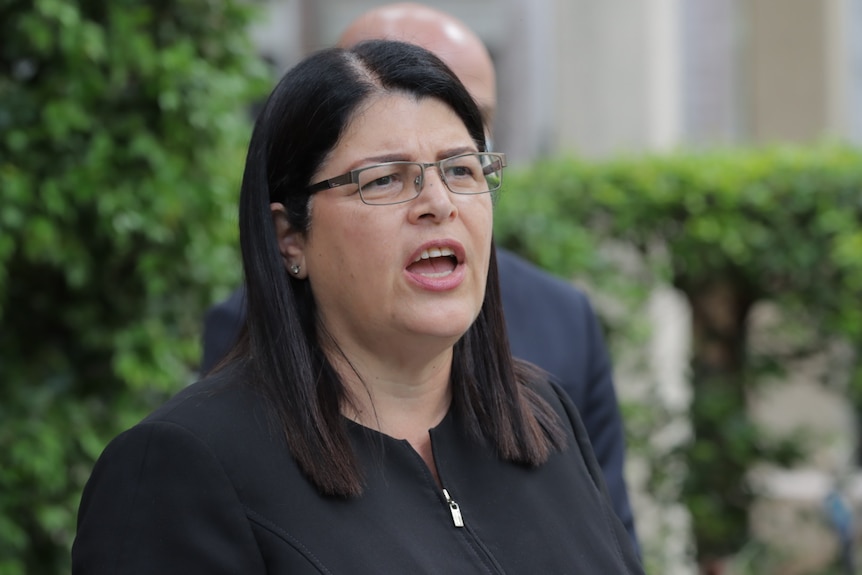  woman with dark hair wearing a black dress and thin rimmed glasses speaks at a press conference.