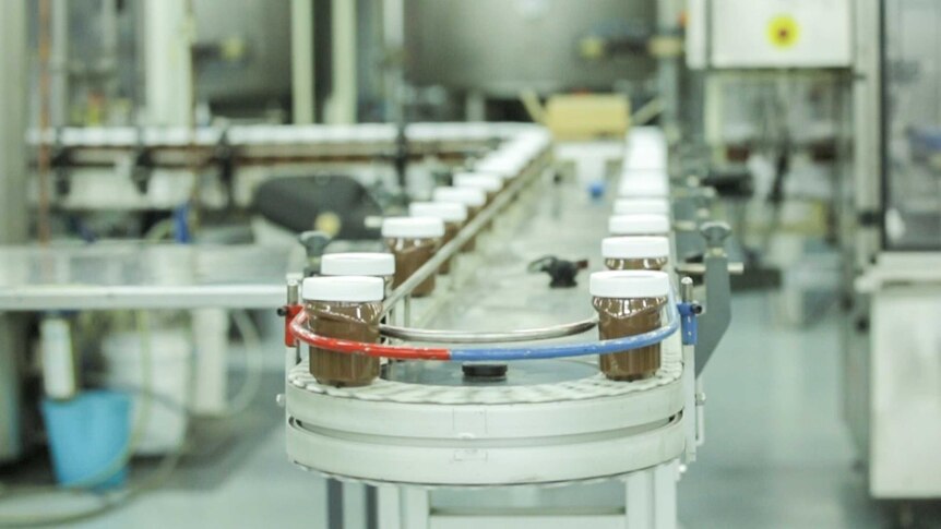 Jars of hazelnut spread going around a factory conveyer belt