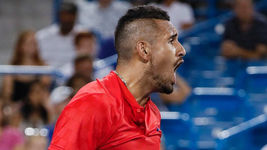 Nick Kyrgios celebrates against Rafael Nadal in Cincinnati