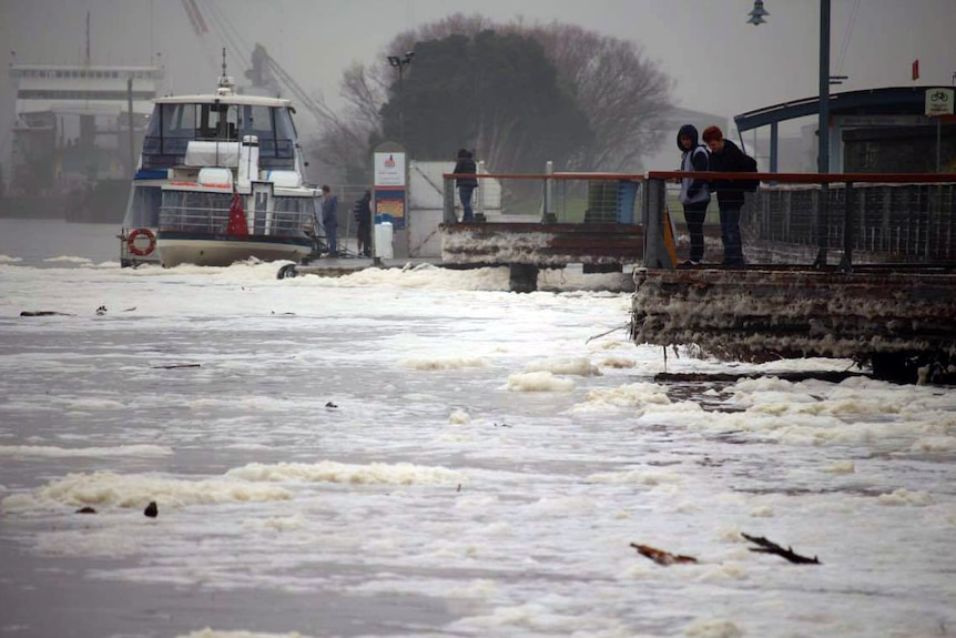 Two men peer into the foam-covered Tamar River on the edge of a boardwalk.