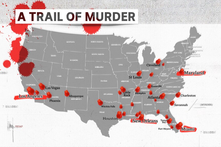 A map shows the sites of suspected murders by Samuel Little, considered America's 'worst serial killer'.