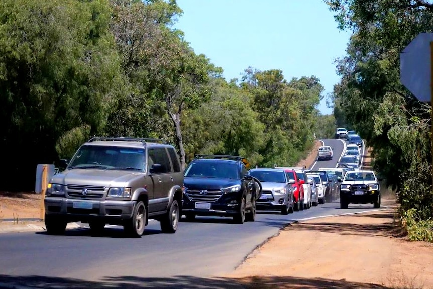 A very long line of cars backed up at a stand still on a road surrounded by lots of trees