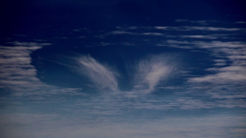 A fallstrike hole is a wispy cloud framed by a hole in the surrounding cloud cover