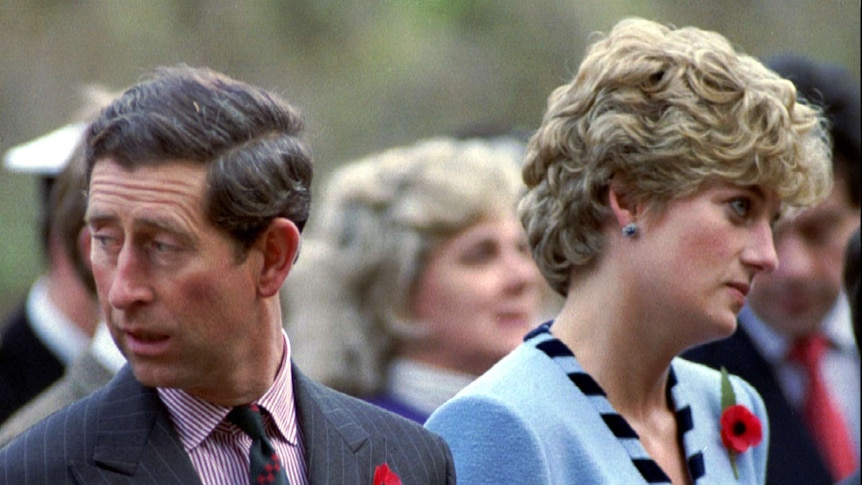 Princess Diana and Prince Charles look separate directions at an event in south korea marking the korean war