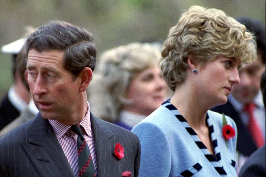 Princess Diana and Prince Charles look separate directions at an event in south korea marking the korean war