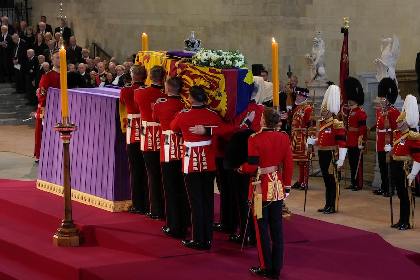 The Queen's coffin in Westminster Hall. 