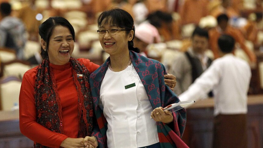 New National League for Democracy MPs arrive at Myanmar's parliament