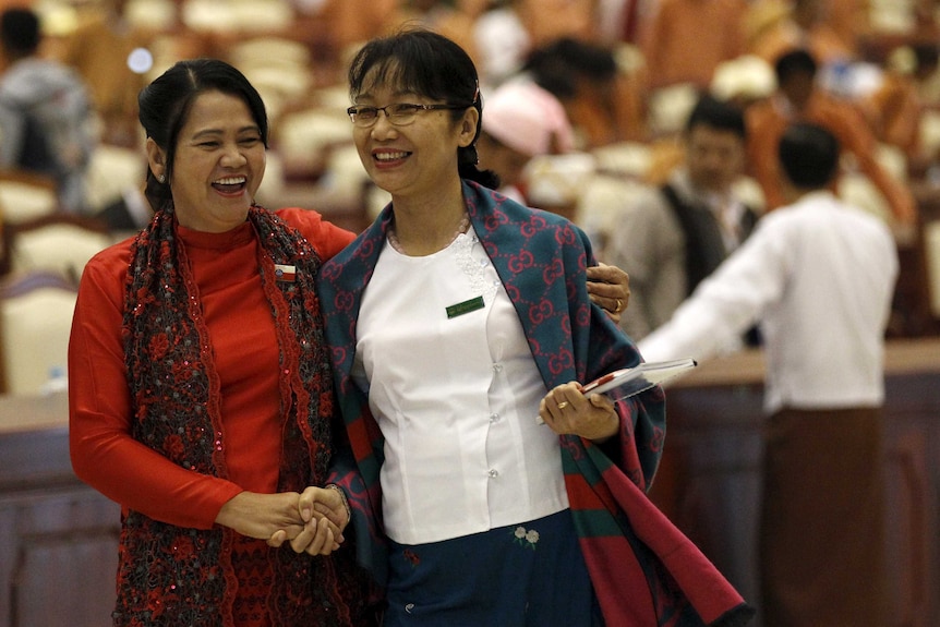 New National League for Democracy MPs arrive at Myanmar's parliament