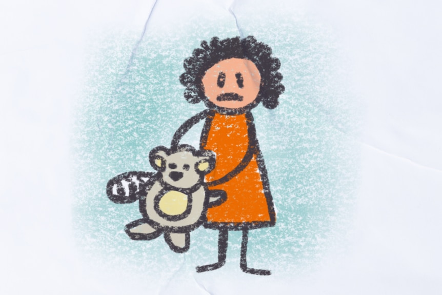 Child-like drawing of a girl holding a teddy bear.