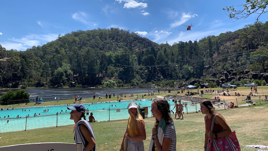 Rescue helicopter at Cataract Gorge during search for swimmer.