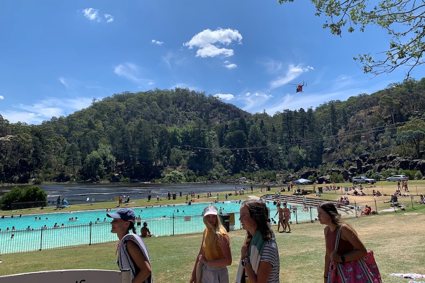 Rescue helicopter at Cataract Gorge during search for swimmer.