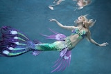 A woman swims under water in a blue and green mermaid costume.