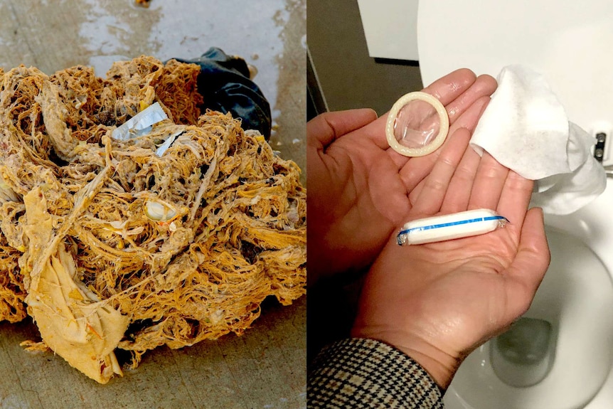 A fatberg next to a hand holding a condom, wet wipe and tampon.